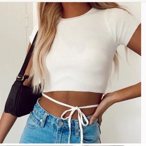 Princess Polly White Ribbed High Neck Waist Tie Short Sleeve Crop Top
